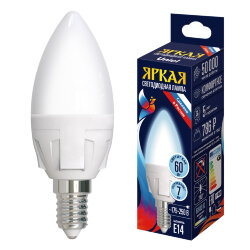 LED-C37 7W-6500K-E14-FR PLP01WH Лампа светодиодная, Форма свеча, матовая, Серия ЯРКАЯ, Дневной белый свет 6500K