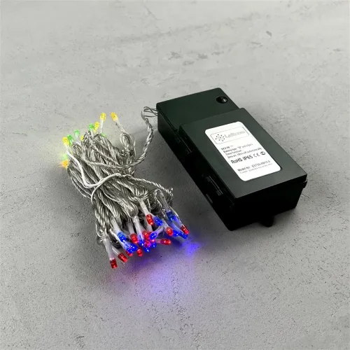 Гирлянда Нить на Батарейках с Таймером 5м Разноцветная, 50 LED, Провод Прозрачный Силикон, IP65. Фото 1.