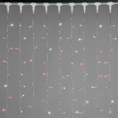 Гирлянда Занавес 2 x 3 м Красный с Мерцанием Белого Диода 220В, 600 LED, Провод Прозрачный ПВХ, IP54. Фото 1.
