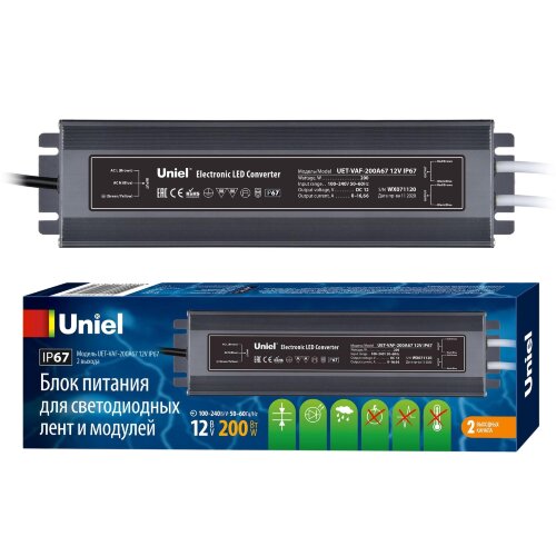 UET-VAF-200A67 12V IP67 2 выхода Блок питания ультратонкий, 200Вт. Металлический корпус. TM Uniel - фото