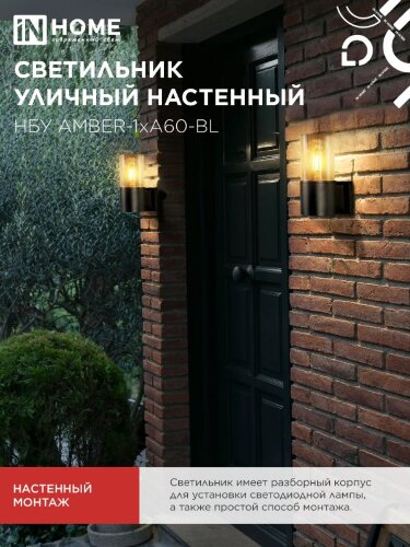 Светильник уличный настенный односторонний НБУ AMBER-1хA60-BL алюминиевый черный IP54 IN HOME - Фото 6