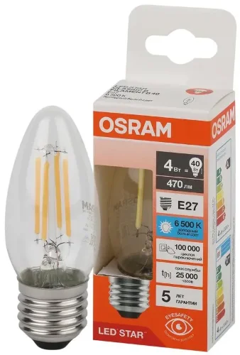 Лампа светодиодная филаментная 4W/6500K (=40W) E27 | Свеча | LED STAR 5Y FILAMENT | - OSRAM. Фото 2