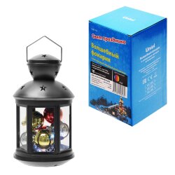 ULD-L1220-010-DTB-RGB BLACK Фонарь со светодиодной гирляндой внутри, на батарейке в комплект не входит, 10 светодиодов, RGB свет, Режим мигания, Черный корпус, 12x20 см.