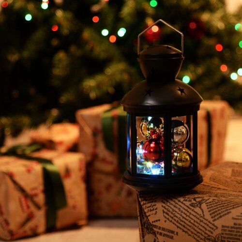 ULD-L1220-010-DTB-RGB BLACK Фонарь со светодиодной гирляндой внутри, на батарейке в комплект не входит, 10 светодиодов, RGB свет, Режим мигания, Черный корпус, 12x20 см. - фото 4