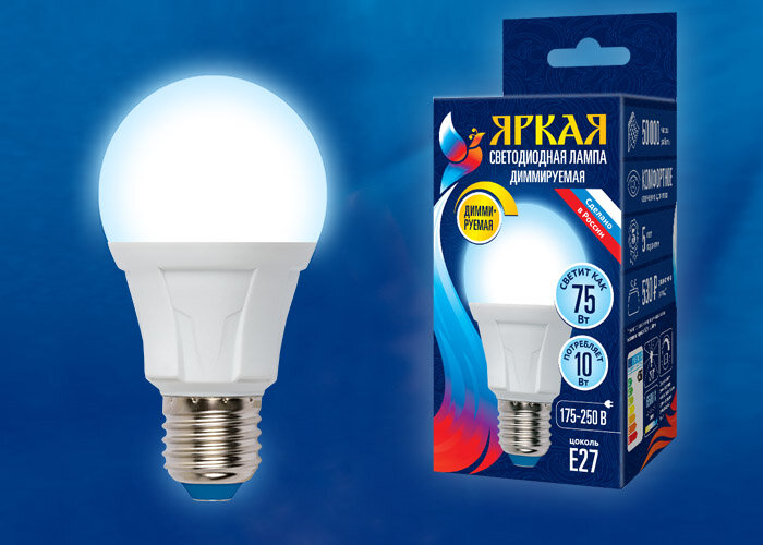 LED-A60 10W/6500K/E27/FR/DIM PLP01WH Лампа светодиодная, диммируемая. Форма «А», матовая. Серия Яркая. Дневной свет (6500K) - фото