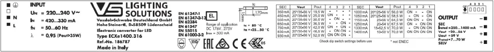 VS 70W/350-1400мА 35-56V DIP-переключатель - Линейный драйвер для светодиодов Vossloh-Schwabe ECXe 1400.316. Фото 2