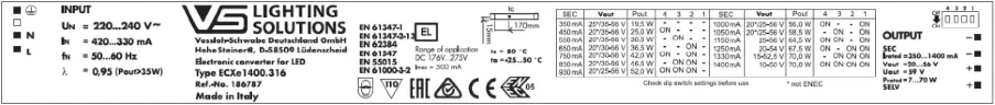 VS 70W/350-1400мА 35-56V DIP-переключатель - Линейный драйвер для светодиодов Vossloh-Schwabe ECXe 1400.316. Фото 2