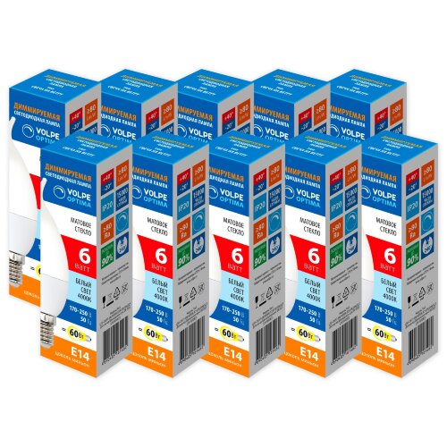LED-CW37-6W-4000K-E14-FR-DIM-SLS Набор из 10штук Лампа светодиодная, диммируемая, Форма свеча на ветру, матовая, Серия Optima DIM, Белый свет 4000K - фото 1
