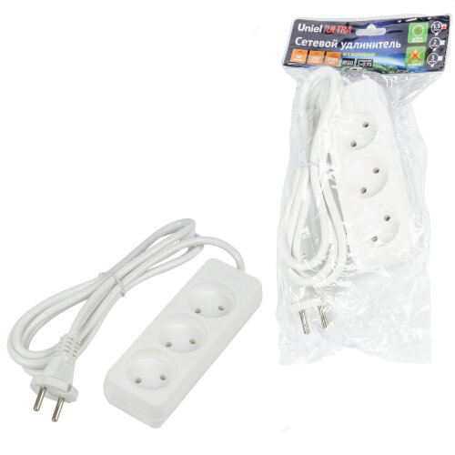 S-CU3-1,5 WHITE Удлинитель серии Ultra, шнур 1,5м., 3 гнезда, 10A, б/з. Белый. TM Uniel - фото