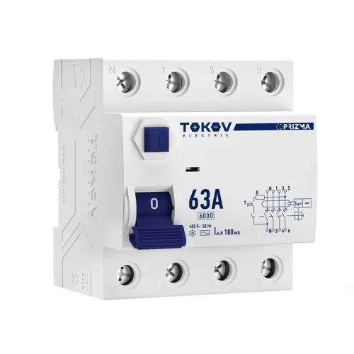 Выключатель дифференциального тока (УЗО) 4п (3P+N) 63А 100мА тип AC 6кА PRIZMA TOKOV ELECTRIC TKE-PZ60-RCDM-4-63-100-AC - фото