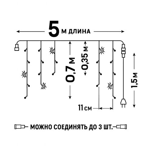 ULD-B5007-300-TBK WARM WHITE IP67 Бахрома светодиодная с эффектом мерцания, 5м, Соединяемая, 300 светодиодов, Теплый белый свет, Провод черный, TM Uniel - фото 14