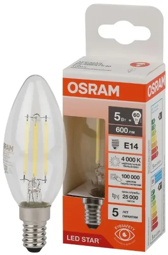 Лампа светодиодная филаментная 4W/6500K (=40W) E14 | Свеча | LED STAR 5Y FILAMENT | - OSRAM. Фото
