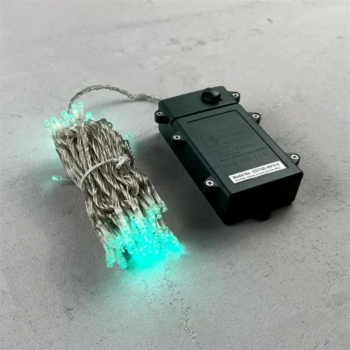 Гирлянда Нить на Батарейках с Таймером 10м Аква, 100 LED, Провод Прозрачный Силикон, IP65. Фото 1.
