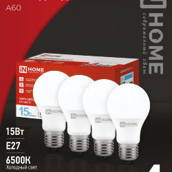 Лампа светодиодная LED-A60-VC 4PACK 15Вт 230В Е27 6500К 1430Лм (4шт./упак) IN HOME