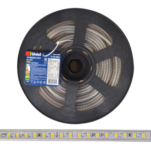ULS-2835-120LED/m-10mm-IP67-220V-10W/m-50M-3000K Светодиодная гибкая герметичная лента. Бобина 50 м. Теплый белый свет (3000K) - фото