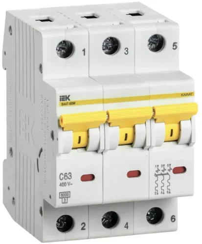 Выключатель автоматический модульный 3п C 63А 6кА ВА47-60M KARAT IEK MVA31-3-063-C - фото