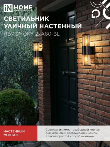 Светильник уличный настенный двусторонний НБУ SMOKY-2хA60-BL алюминиевый черный IP54 IN HOME - Фото 2