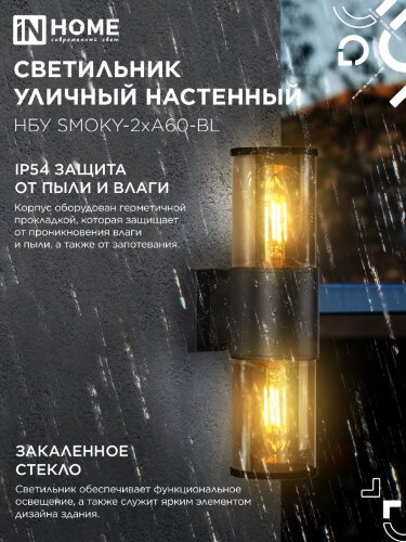 Светильник уличный настенный двусторонний НБУ SMOKY-2хA60-BL алюминиевый черный IP54 IN HOME - Фото 5