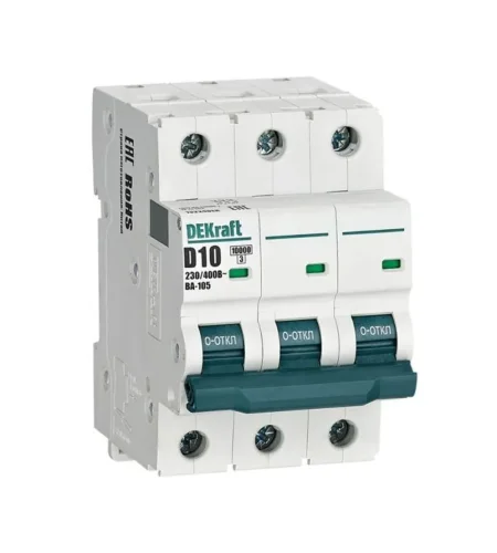 Выключатель автоматический модульный 3п D 10А 10кА ВА-105 DEKraft 13224DEK - фото