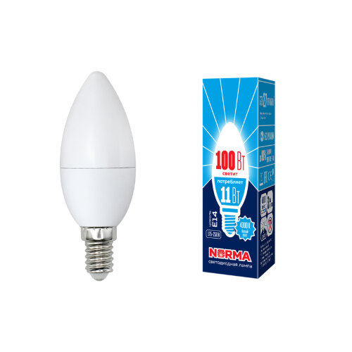 LED-C37-11W-NW-E14-FR-NR Лампа светодиодная, Форма свеча, матовая, Серия Norma, Белый свет 4000K, Картон - фото 1