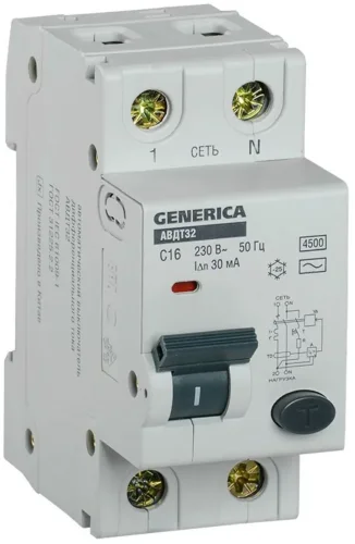 Выключатель автоматический дифференциального тока 2п C 16А 30мА тип AC 4.5кА АВДТ 32 C16 GENERICA MAD25-5-016-C-30 - фото