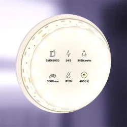 Светодиодная лента 24В 5050 28,8Вт/м 4000K 5м IP20 15мм (Белый)