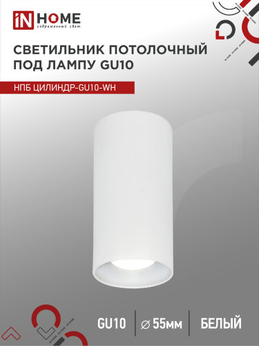Светильник потолочный НПБ ЦИЛИНДР-GU10-WH под лампу GU10 55х100мм белый IN HOME - Фото
