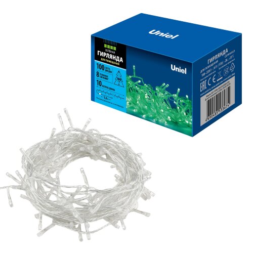 ULD-S1000-100-DTA GREEN IP20 Гирлянда светодиодная, 10м, 100 светодиодов, Зеленый свет, Провод прозрачный - фото 11