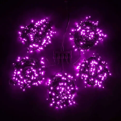 Комплект 5 Розовых Нитей по 20м, 1000 LED, Провод Черный ПВХ, IP54. Фото 1.