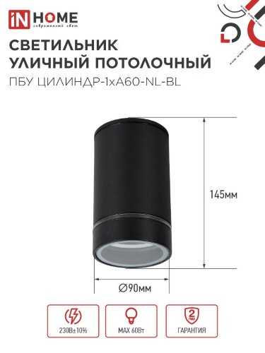 Светильник уличный потолочный ПБУ ЦИЛИНДР-1xА60-NL-BL с подсветкой черный IP54 IN HOME - Фото 2
