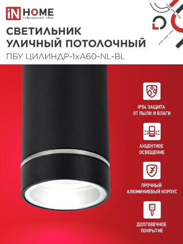 Светильник уличный потолочный ПБУ ЦИЛИНДР-1xА60-NL-BL с подсветкой черный IP54 IN HOME - Фото 2