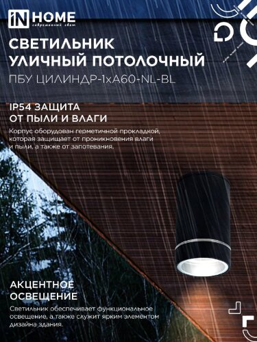 Светильник уличный потолочный ПБУ ЦИЛИНДР-1xА60-NL-BL с подсветкой черный IP54 IN HOME - Фото 4
