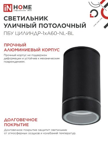 Светильник уличный потолочный ПБУ ЦИЛИНДР-1xА60-NL-BL с подсветкой черный IP54 IN HOME - Фото 5