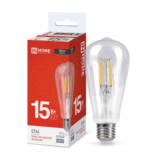 Лампа светодиодная LED-ST64-deco 15Вт 230В Е27 4000К 1720Лм прозрачная IN HOME - Фото