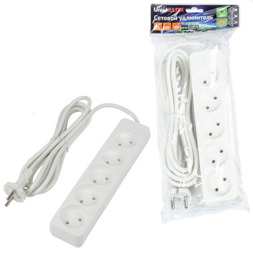 S-CU5-3 WHITE Удлинитель серии Ultra, шнур 3м., 5 гнезд, 10A, б/з. Белый. TM Uniel - фото