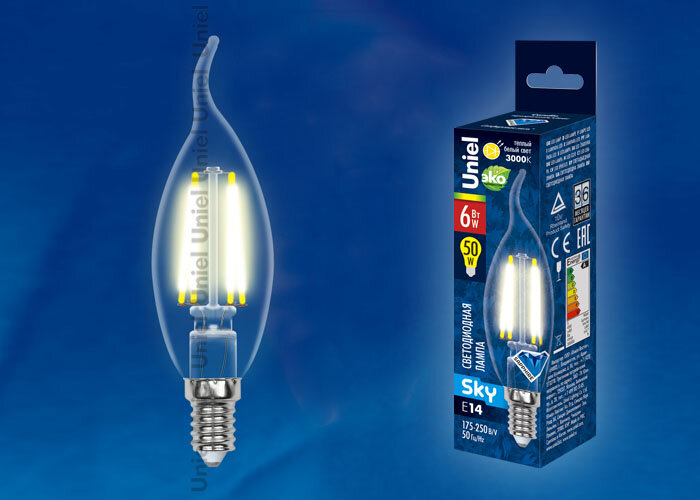 LED-CW35-6W/WW/E14/CL PLS02WH Лампа светодиодная. Форма "свеча на ветру", прозрачная. Серия Sky. Теплый белый свет. - фото