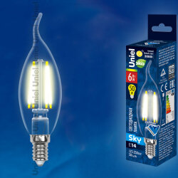 LED-CW35-6W-WW-E14-CL PLS02WH Лампа светодиодная, Форма свеча на ветру, прозрачная, Серия Sky, Теплый белый свет.