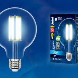 LED-G95-15W-4000K-E27-CL PLS02WH Лампа светодиодная, Форма шар, прозрачная, Серия Sky, Белый свет 4000K.