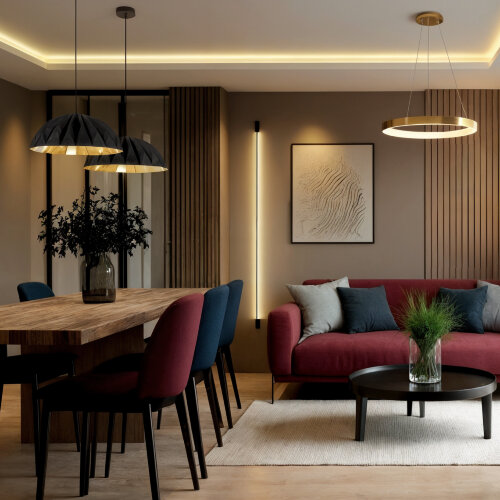 Светильник подвесной RAYDIA, 40 Вт, 3000–4000К, ?600?1500 мм, металл+акрил, матовое золото, свет вве. Фото 6