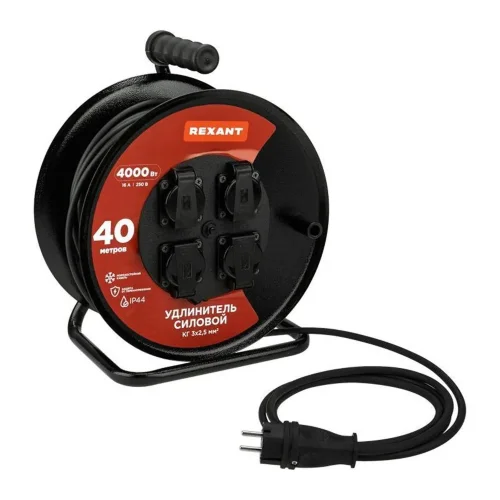 Удлинитель на метал. катушке 4х40м с заземл. IP44 КГ 3х2.5кв.мм с выключателем с защ. крышками Rexant 13-5015 - фото