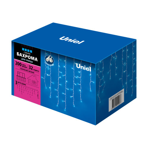 ULD-B3010-200/SWK BLUE IP67 Бахрома светодиодная со статическим свечением, 3м. Соединяемая. 200 светодиодов. Синий свет. Провод белый. - фото