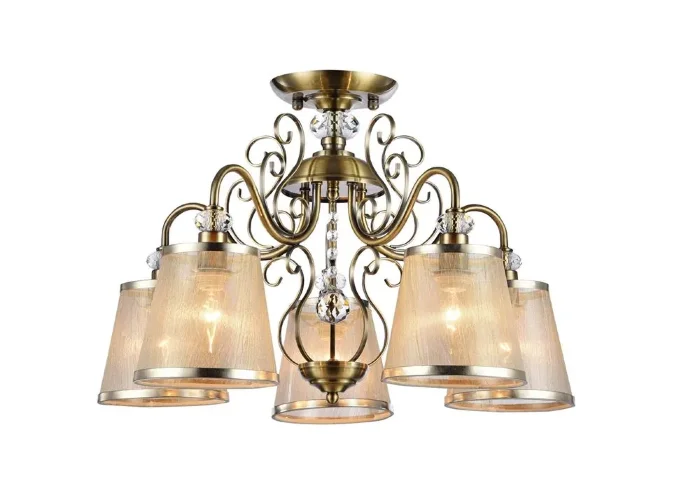 Серия из металла цвета античной бронзы. Арматура светильников Driana дополнена завитками на рожках и узогнутым декором в центральной части. Абажуры из полупрозрачной органзы выполнены в виде колокольчиков и обрамлены ободками из металла. (Бронза Антик) - 