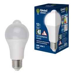 LED-A60-12W-4000K-E27-PS+MS PLS10WH Лампа светодиодная с датчиком освещенности и датчиком движения, Форма A, матовая, Белый свет 4000K