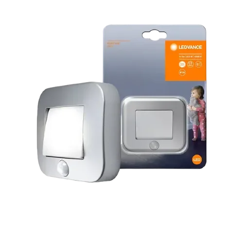 Настенный ночник 0.3W/4000K IP54 | СЕНСОР-Свет/Движение | Батарейки 3xAAA | Серебряный | - Ночник LEDVANCE NIGHTLUX HALL Sl. Фото