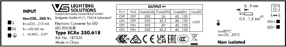 Драйвер для светодиодов линейный 26-46W/200-350мА 40-130V | DIP-переключатель | ECXe 350.618 | - Vossloh-Schwabe. Фото 3