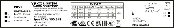 Драйвер для светодиодов линейный 26-46W/200-350мА 40-130V | DIP-переключатель | ECXe 350.618 | - Vossloh-Schwabe. Фото 3