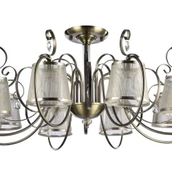 Светильники серии Simone выполнены в классическом стиле. Арматура цвета «античное серебро», абажуры из органзы на ПВХ. Люстры подходят для помещений с невысокими потолками благодаря конструкции «2 в 1». Дизайн изделий дополнен декоративными подвесками. (Б