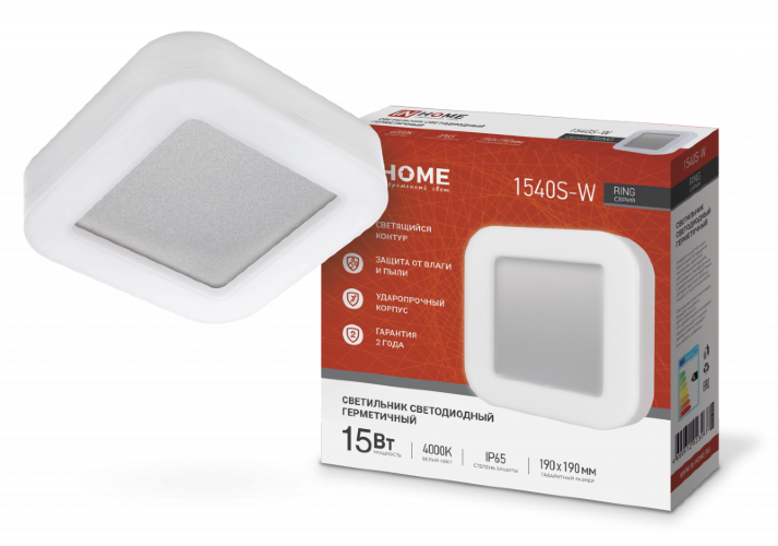 Светильник светодиодный серии RING-1540S-W 15Вт 230В 4000К 910Лм 190мм IP65 КВАДРАТ IN HOME - Фото