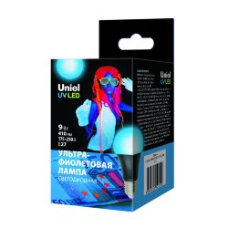 LED-A60-9W-UVAD-E27-FR PLZ07BK Лампа светодиодная ультрафиолетовая для дискотек , Спектр UVA 410нм