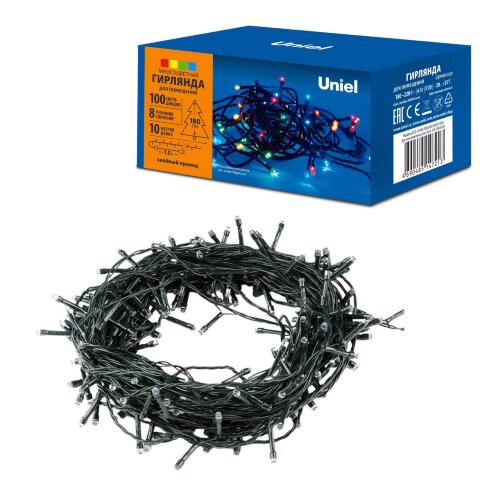 ULD-S1000-100/DGA MULTI IP20 Гирлянда светодиодная, 10м. 100 светодиодов. Разноцветный свет. Провод зеленый. ТМ Uniel - фото